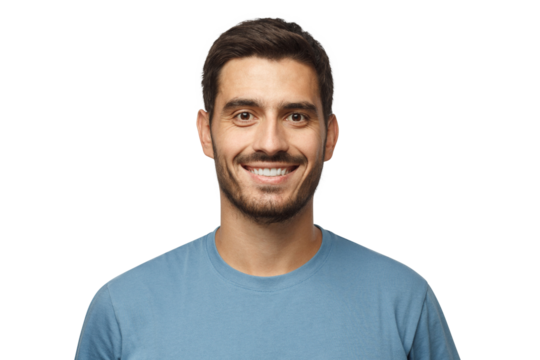 Close up portrait of young smiling handsome guy in blue t-shirt isolated