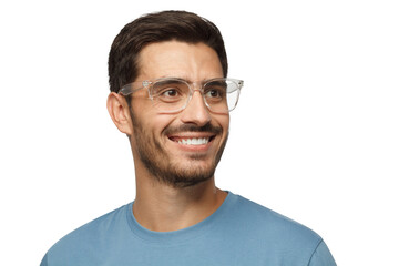 Close up portrait of smiling handsome male in blue t-shirt and transparent eyeglasses looking right