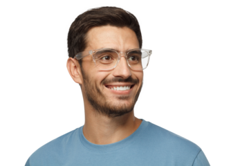 Close up portrait of smiling handsome male in blue t-shirt and transparent eyeglasses looking right