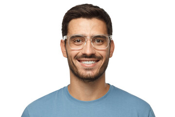 Close up shot of smiling attractive man in blue t-shirt and trendy trasparent eyeglasses