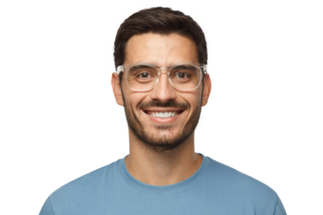 Close up shot of smiling attractive man in blue t-shirt and trendy trasparent eyeglasses