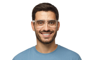 Fototapeta premium Smiling modern nice guy in blue t-shirt and trendy trasparent eyeglasses