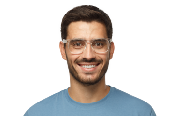 Smiling modern nice guy in blue t-shirt and trendy trasparent eyeglasses