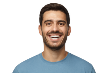 Close up horizontal shot of handsome smiling broadly unshaven young man in blue tshirt laughing out loud