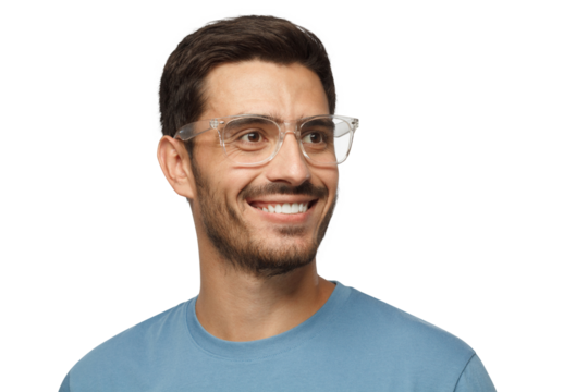 Close up portrait of smiling handsome male in blue t-shirt and transparent eyeglasses looking right