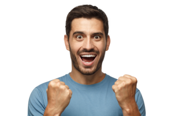 Passionate soccer fan. Young attractive man in casual tshirt shouting while his team win, raised both fist in victory gesture
