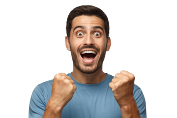 Young attractive man shouting while his team win, raised both fist in victory gesture. Soccer fan concept