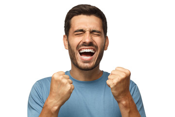 Closeup of emotional man screaming with joy and victorious expression, holding hands in gesture of...