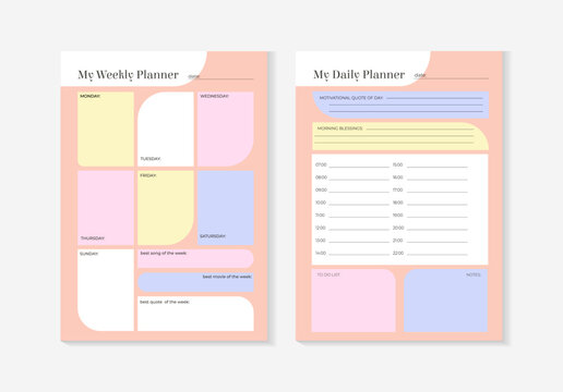 SET Planners Template of personal daily and weekly plan, monthly, weekly planner and Trendy colors. Planner weekly and monthly