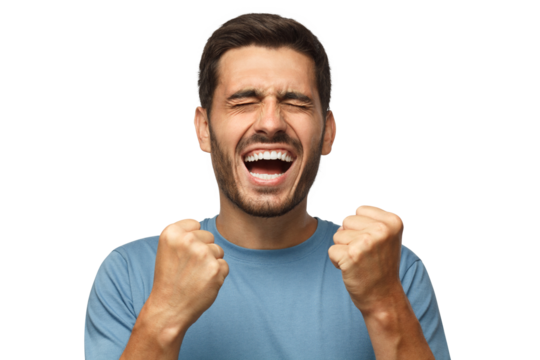 Closeup of emotional man screaming with joy and victorious expression, holding hands in gesture of winner, looking happy