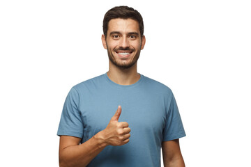 Young man showing thumb up with positive emotions and happiness