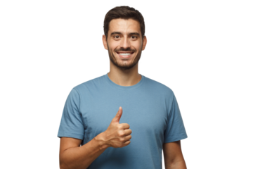 Young man showing thumb up with positive emotions and happiness
