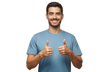 Motivated excited smiling young man in blue t-shirt, making thumbs up gesture of approval and...