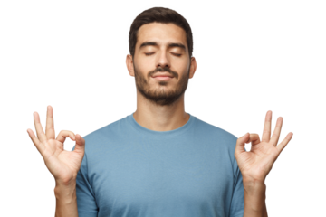 Yoga and meditation concept. Concentrated relaxed man standing with closed eyes, having relaxation while meditating
