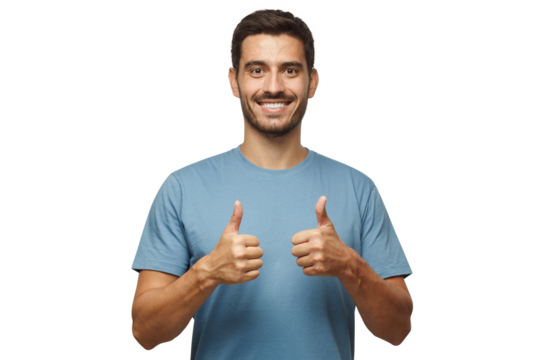 Motivated excited smiling young man in blue t-shirt, making thumbs up gesture of approval and success