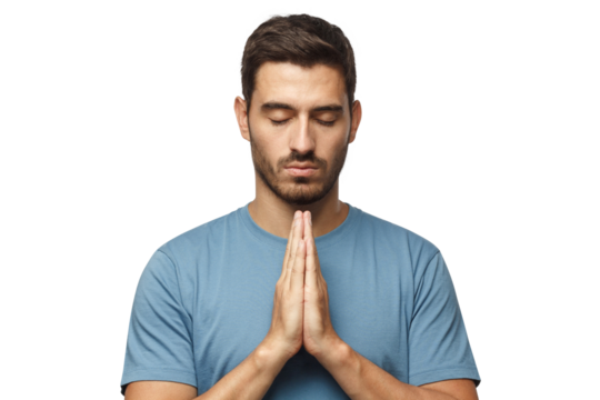 Closeup of young man putting hands together as if he is praying with closed eyes