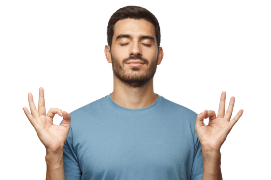 Yoga and meditation concept. Concentrated relaxed man standing with closed eyes, having relaxation while meditating