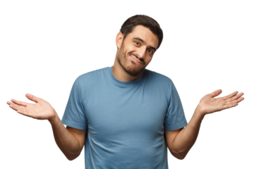 I don't know. Young man showing helpless gesture with arm and hands, mouth curved as if he does not know what to do
