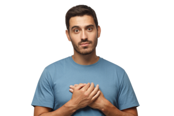 Kind hearted friendly nice guy shows kindness, wearing blue t-shirt. Smiling positive young man keeps hands on chest