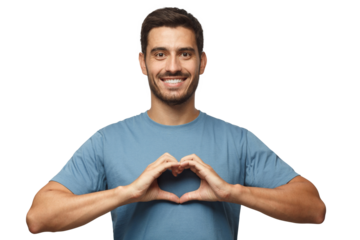 Portrait of young smiling man in blue t-shirt showing heart sign isolated