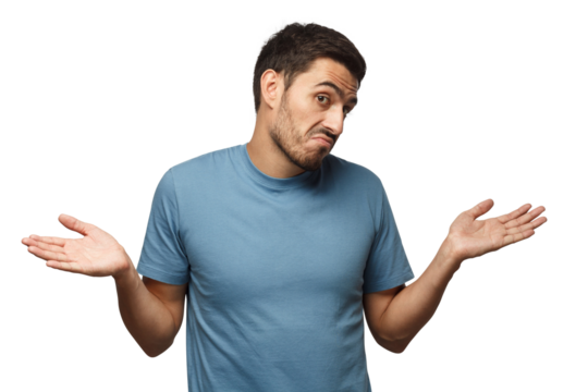 I don't know. Young man showing helpless gesture with arm and hands, mouth curved as if he does not know what to do