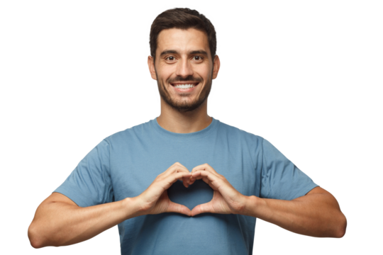 Portrait of young smiling man in blue t-shirt showing heart sign isolated