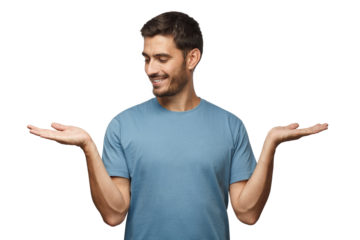 Choice concept. Portrait of young man choosing between 2 different options, holding two hands with empty space