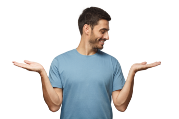 Young handsome male choosing between two different options, holding 2 hands, isolated on gray background