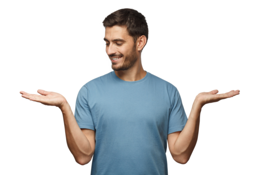 Choice concept. Portrait of young man choosing between 2 different options, holding two hands with empty space - Powered by Adobe
