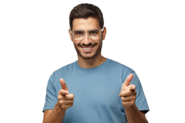 Hey you! Young man in blue t-shirt and transparent eyeglasses pointing to camera with fingers