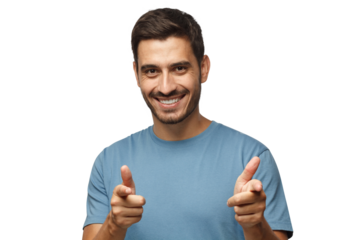 Young man in blue t-shirt, smiling happily with open mouth and pointing to camera with both hands