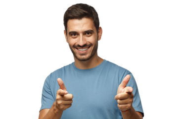 Portrait of young happy man smiling while looking at camera pointing to viewer with fingers of both hands as if approving