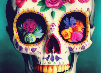A spooky, skull for "Dia de los muertos" with flowers as eyes, bright colours, abstract, artistic drawing.