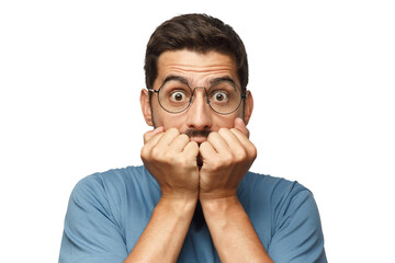 Young man covering mouth with hands and round eyes, wearing round eyeglasses, experiencing deep astonishment and fear