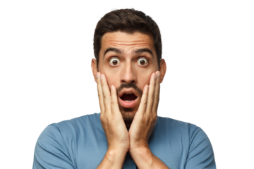 Young man dressed in casual clothes, with round eyes, experiencing deep astonishment and fear