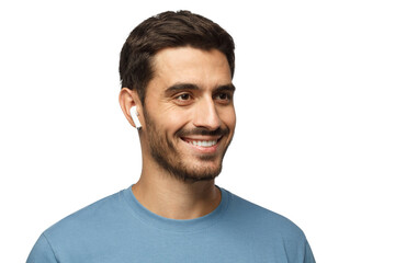 Close up headshot of young smiling man wearing blue t-shirt, listeting to his favorite music track