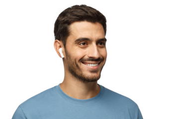 Close up headshot of young smiling man wearing blue t-shirt, listeting to his favorite music track