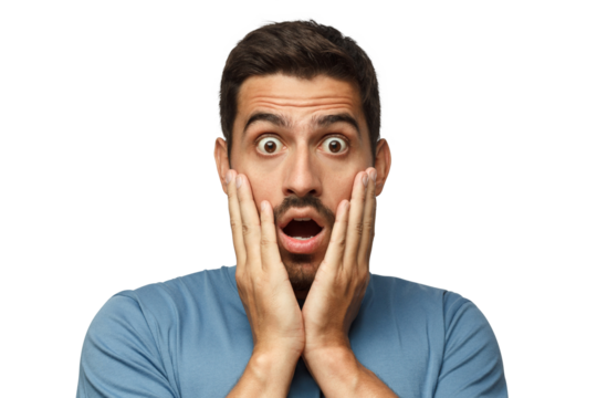 Young man dressed in casual clothes, with round eyes, experiencing deep astonishment and fear
