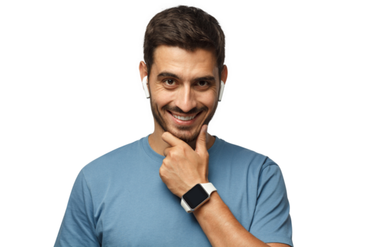 Portrait of handsome man in blue t shirt, standing, showing his stylish modern smart watch with empty blank black screen