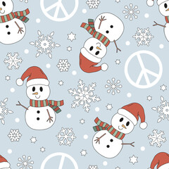 Hippie Groovy Christmas snowman in Santa hat and scarf snowflakes peace sign vector seamless pattern. Retro 60s 70s pacifist Xmas background for holiday festive season wrapping paper. 