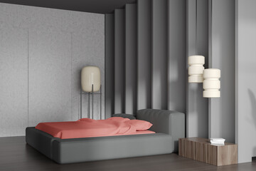 Grey bedroom interior with bed and decoration, invisible door