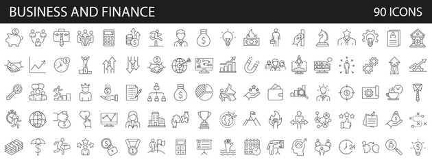 Set of 90 business teamwork finance icons, team building, work group and human resources. Outline icons collection. Line style - vector illustration