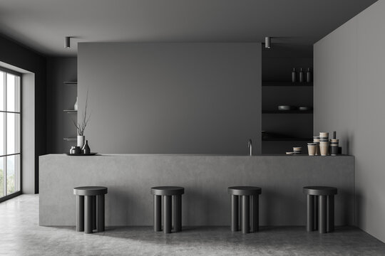 Front view on dark cafe interior with empty grey wall