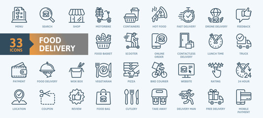 Food delivery - thin line web icon set. Contains such Icons as contactless delivery, lunch time, food basket and more. Outline icons collection. Simple vector illustration.