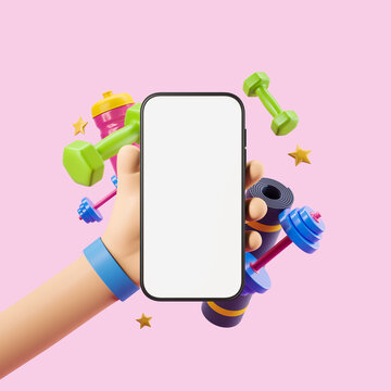 Cartoon hand with phone mockup display, sport equipment on pink background