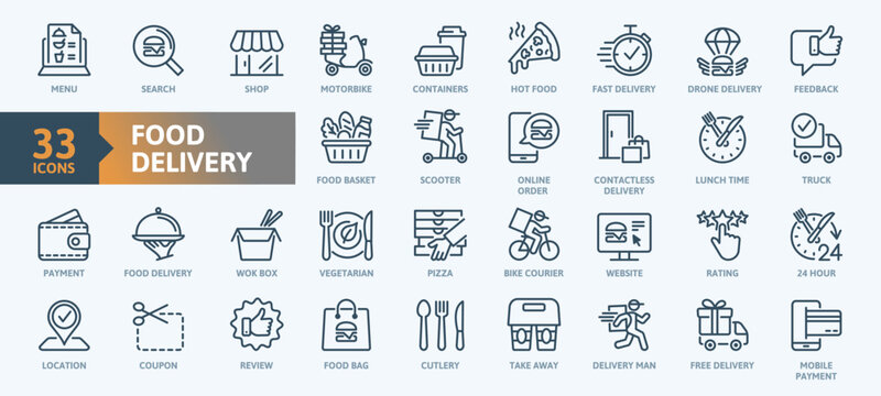 Food delivery - thin line web icon set. Contains such Icons as contactless delivery, lunch time, food basket and more. Outline icons collection. Simple vector illustration.