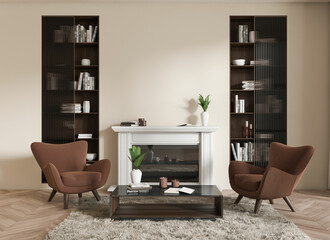 Beige meeting interior with seats, fireplace and shelf. Mockup empty wall