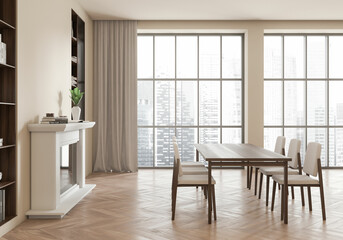 Light meeting room interior with chairs and table, shelf and panoramic window