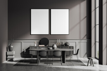 Dark living room interior with seats and table, window and mockup posters