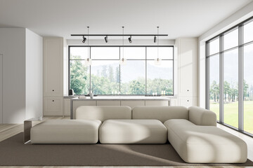 Light studio interior with chill and cooking area, panoramic window